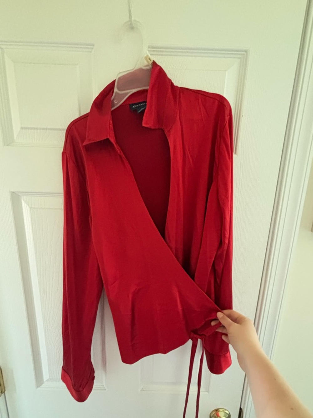 Anne Klein Red Silk Wrap-Front Long Sleeve Top